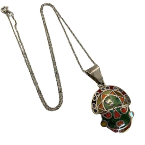 Artisan Sterling Silver Mayan Aztec Face Necklace – Stone Inlay, 925, Vintage - Picture 1 of 6